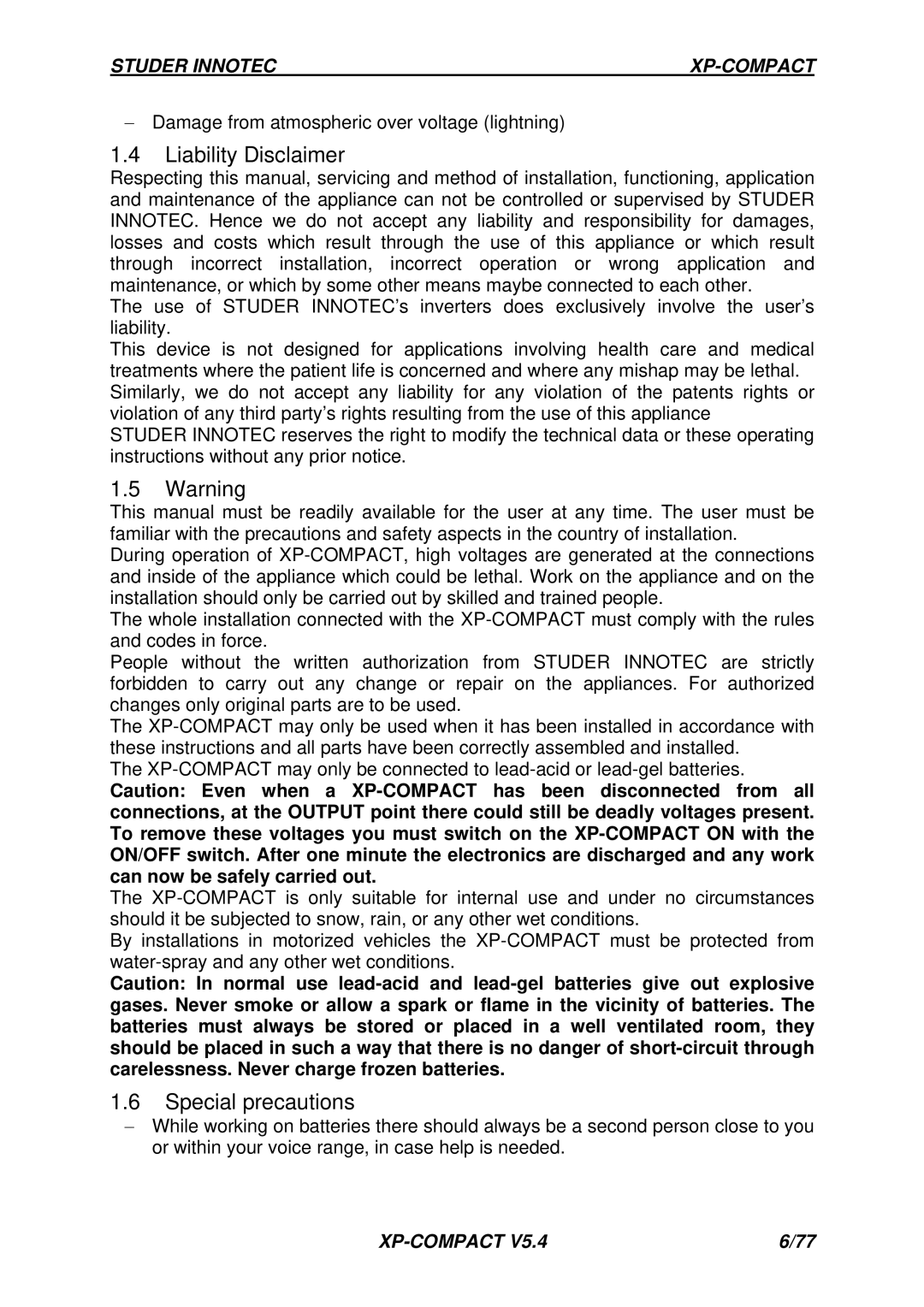 Studer Innotec CFC-01, RCC-01, CT-35, Cxxxx-S, C-IP23 manual Liability Disclaimer, Special precautions 