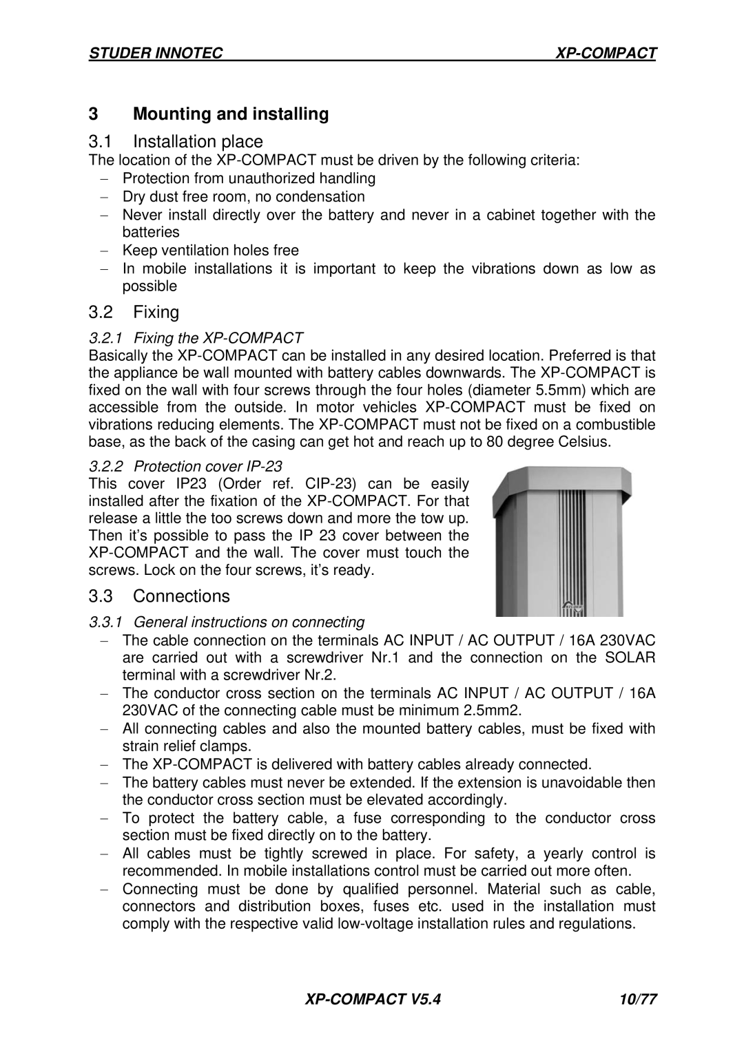 Studer Innotec C-IP23, RCC-01, CT-35, Cxxxx-S, CFC-01 manual Mounting and installing, Installation place, Fixing, Connections 