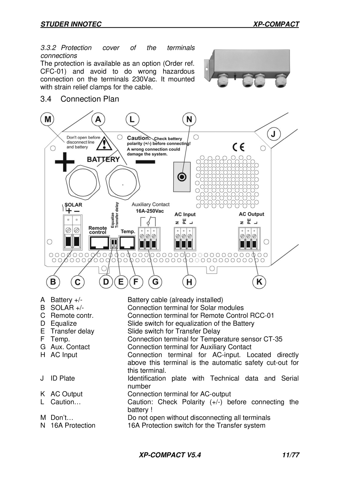 Studer Innotec CFC-01, RCC-01, CT-35, Cxxxx-S, C-IP23 Connection Plan, Protection cover of the terminals connections, Solar + 