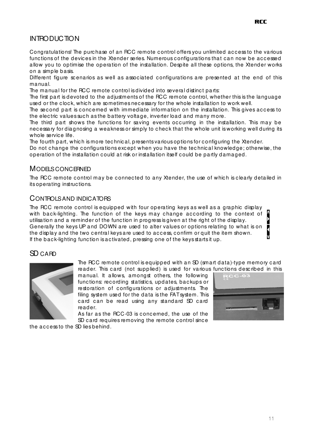 Studer Innotec RCC-02, RCC-03 user manual Introduction, Models Concerned, Controls and Indicators, SD Card 