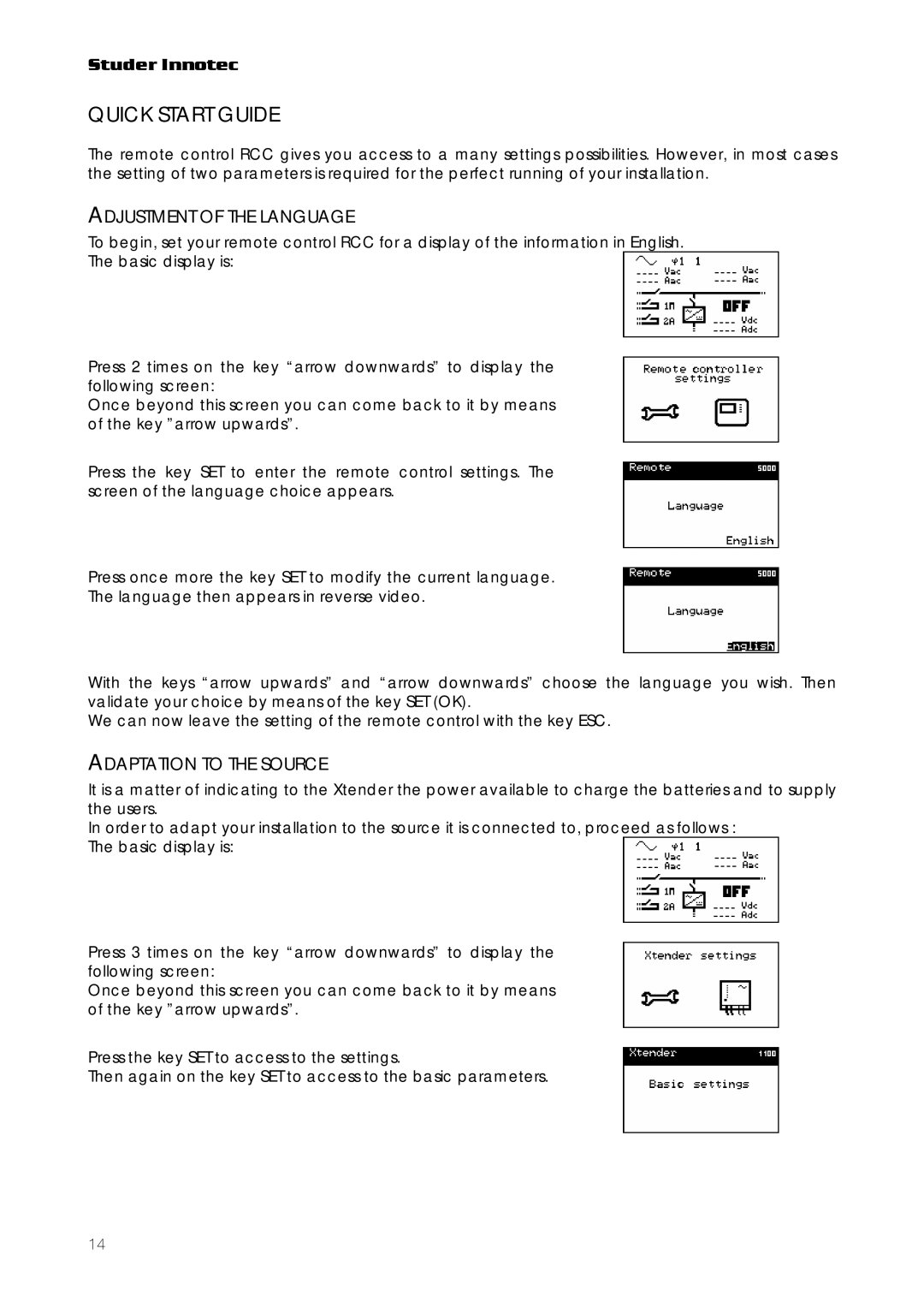 Studer Innotec RCC-03, RCC-02 user manual Quick Start Guide, Adjustment of the Language, Adaptation to the Source 