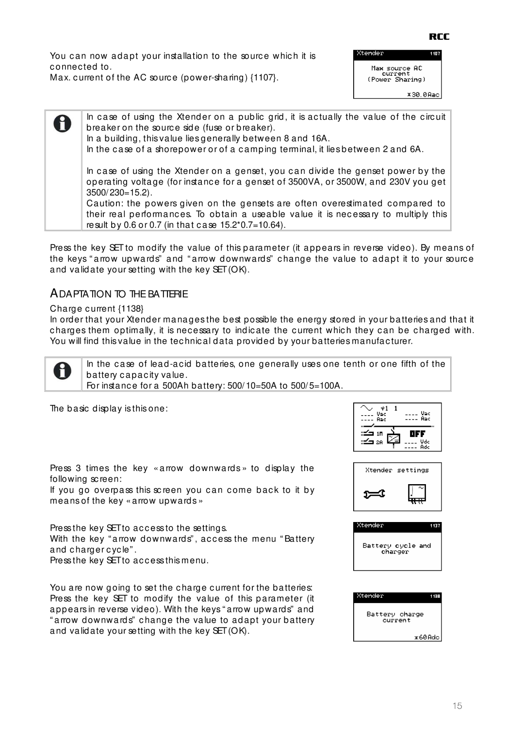 Studer Innotec RCC-02, RCC-03 user manual Adaptation to the Batterie 