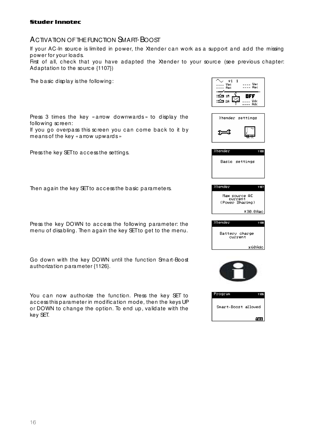 Studer Innotec RCC-03, RCC-02 user manual Activation of the Function SMART-BOOST 