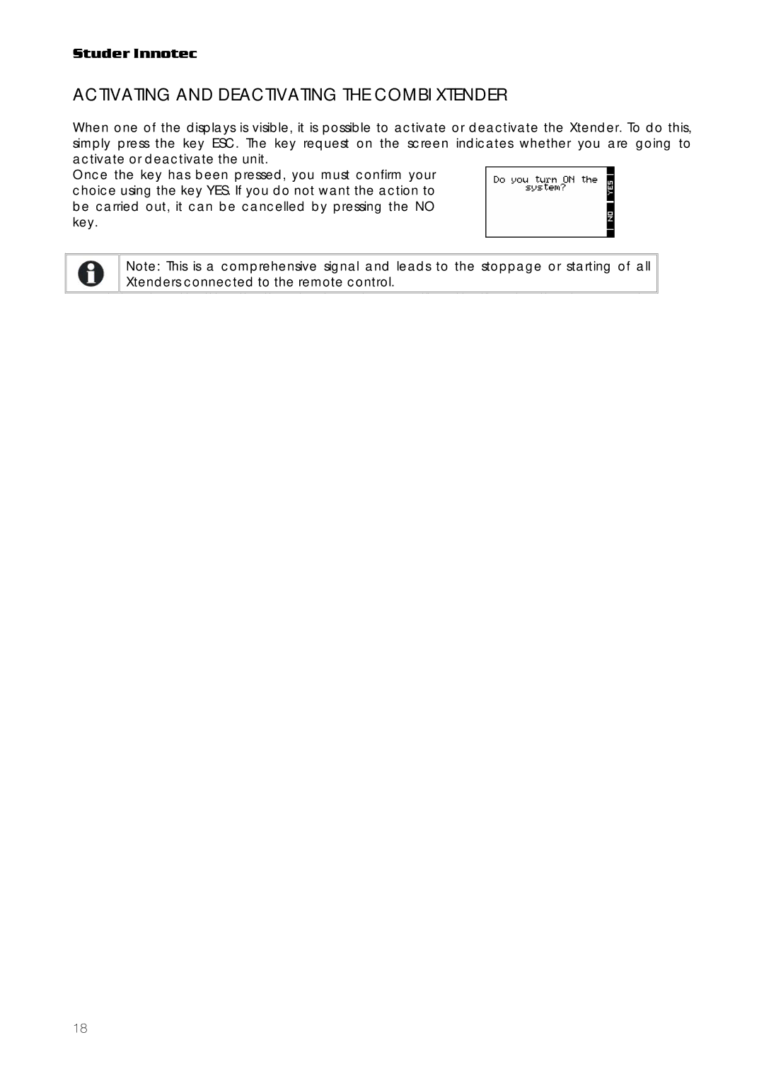 Studer Innotec RCC-03, RCC-02 user manual Activating and Deactivating the Combi Xtender 