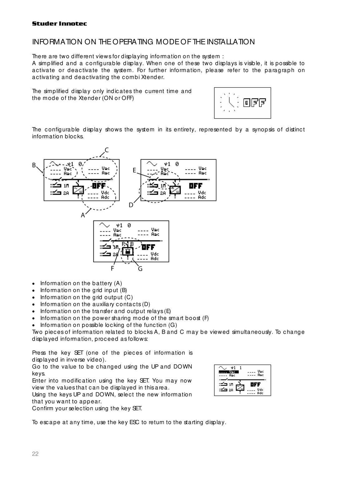 Studer Innotec RCC-03, RCC-02 user manual Information on the Operating Mode of the Installation 