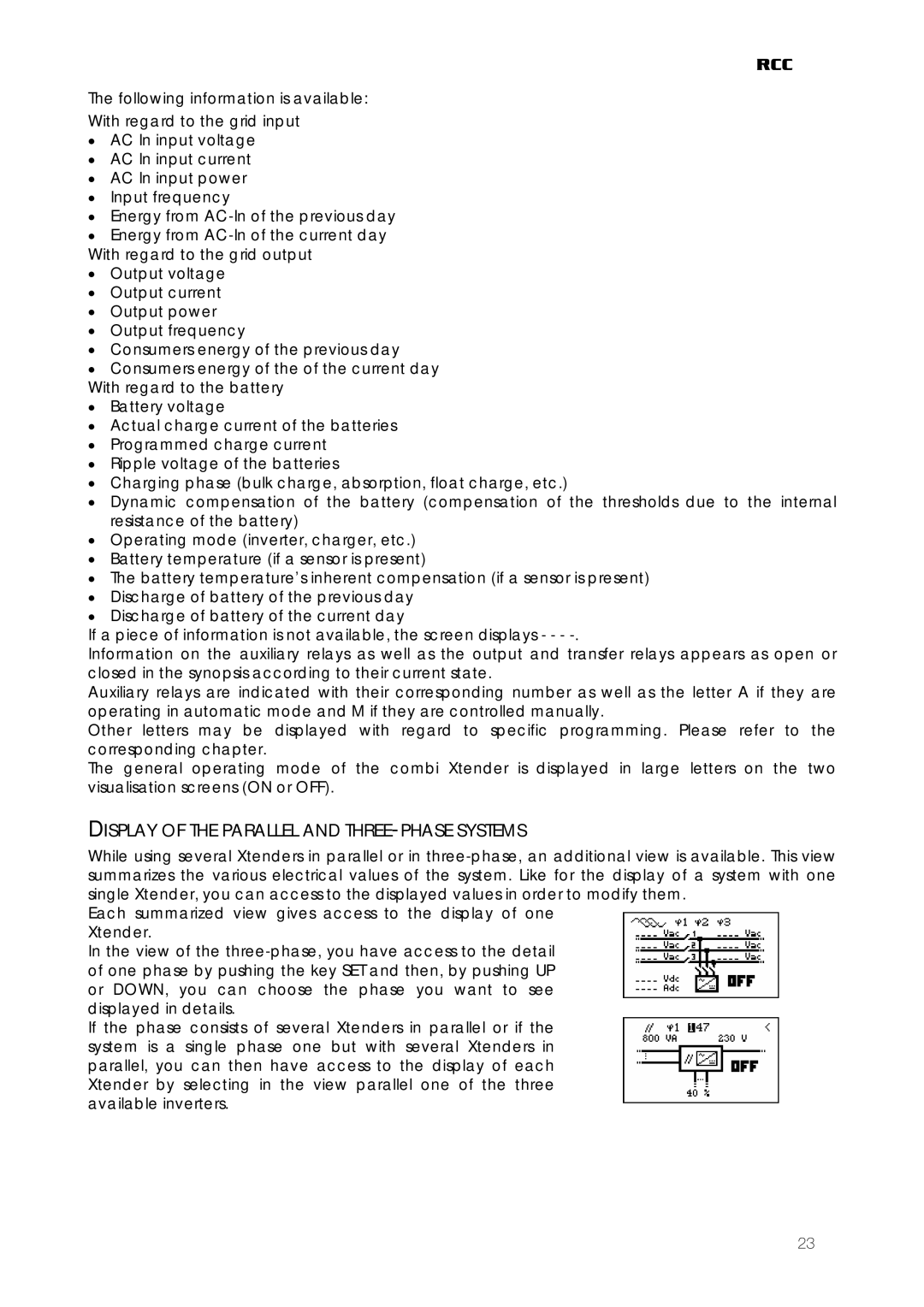 Studer Innotec RCC-02, RCC-03 user manual Display of the Parallel and THREE-PHASE Systems 