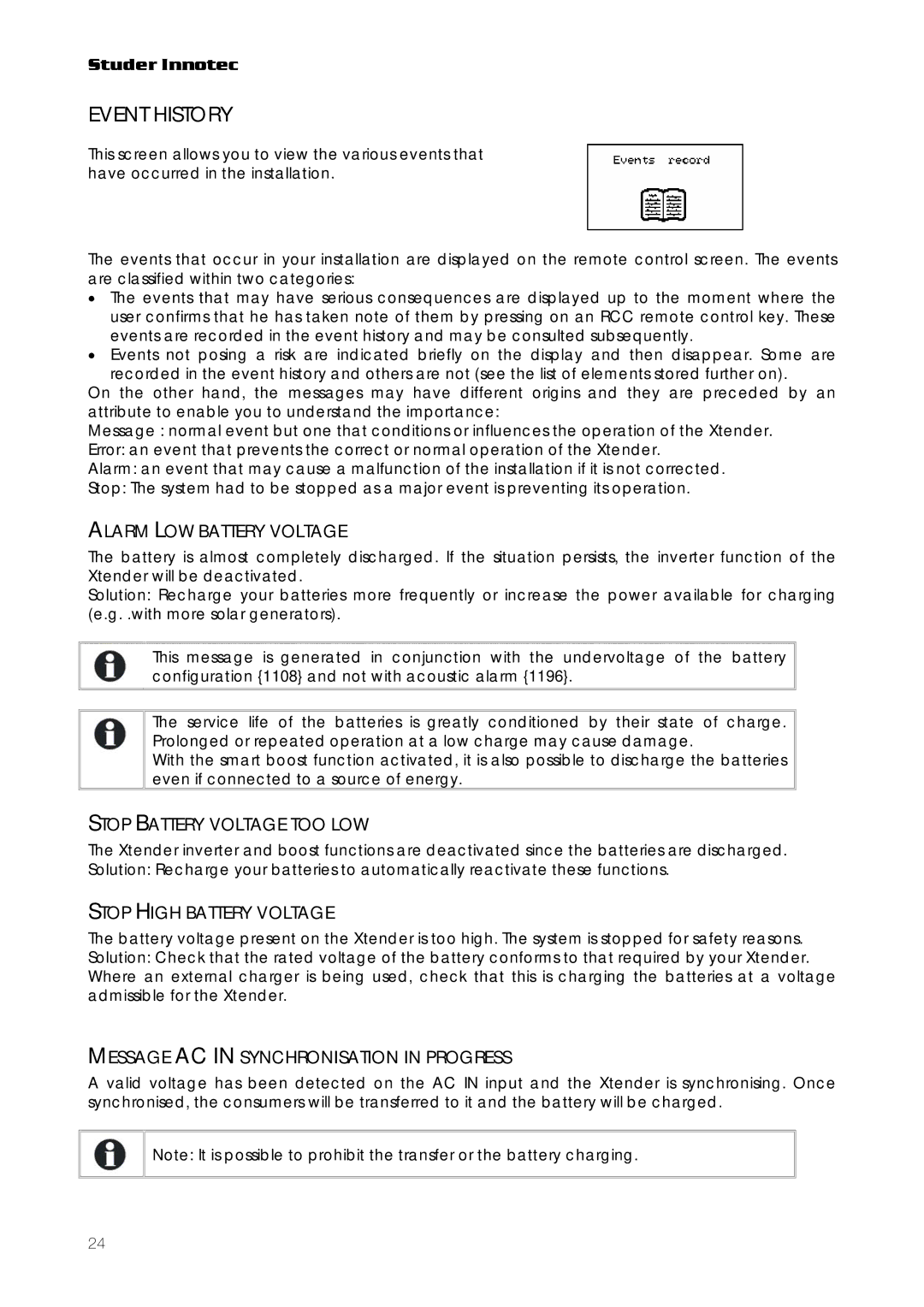 Studer Innotec RCC-03 Event History, Alarm LOW Battery Voltage, Stop Battery Voltage TOO LOW, Stop High Battery Voltage 