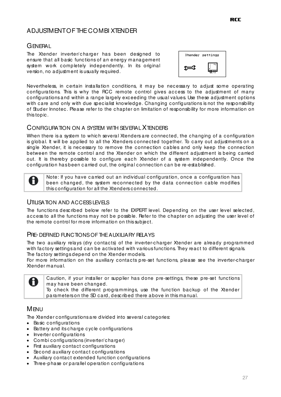 Studer Innotec RCC-02, RCC-03 user manual Adjustment of the Combi Xtender 