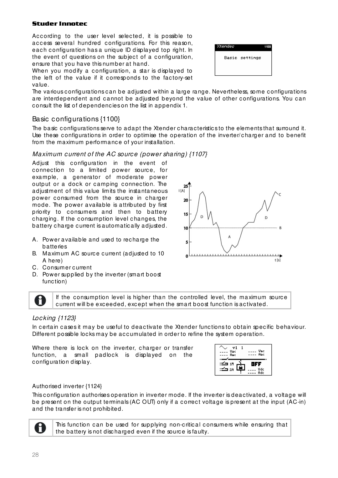 Studer Innotec RCC-03 Basic configurations, Maximum current of the AC source power sharing, Locking, Authorised inverter 