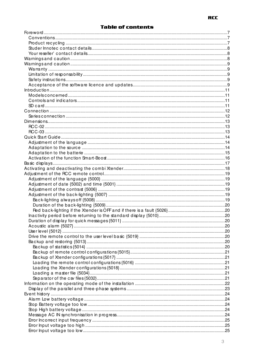 Studer Innotec RCC-02, RCC-03 user manual Table of contents 