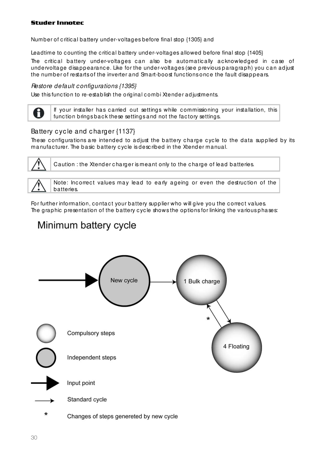 Studer Innotec RCC-03, RCC-02 user manual Battery cycle and charger, Restore default configurations 