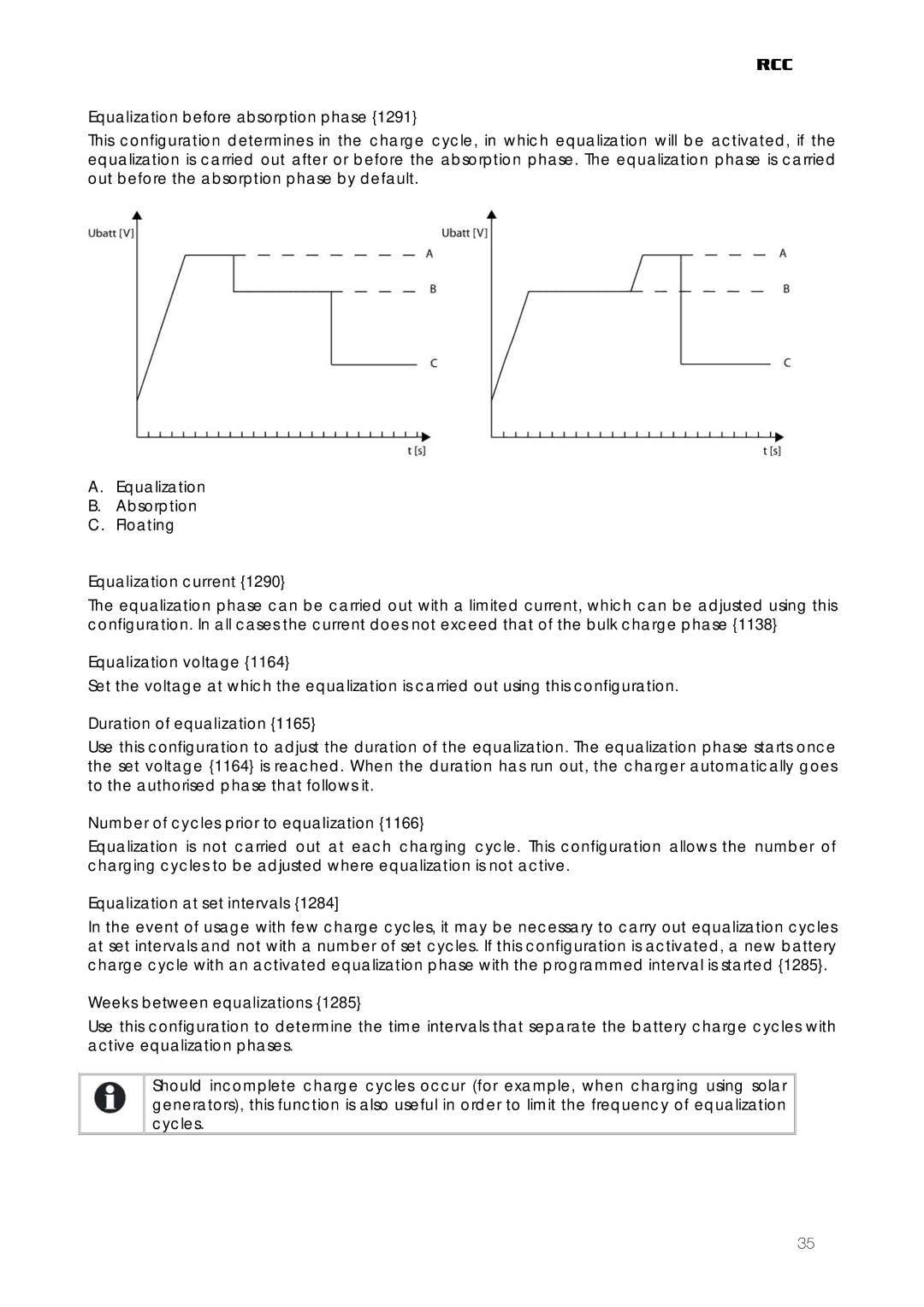 Studer Innotec RCC-02, RCC-03 user manual Equalization before absorption phase, Equalization current, Equalization voltage 