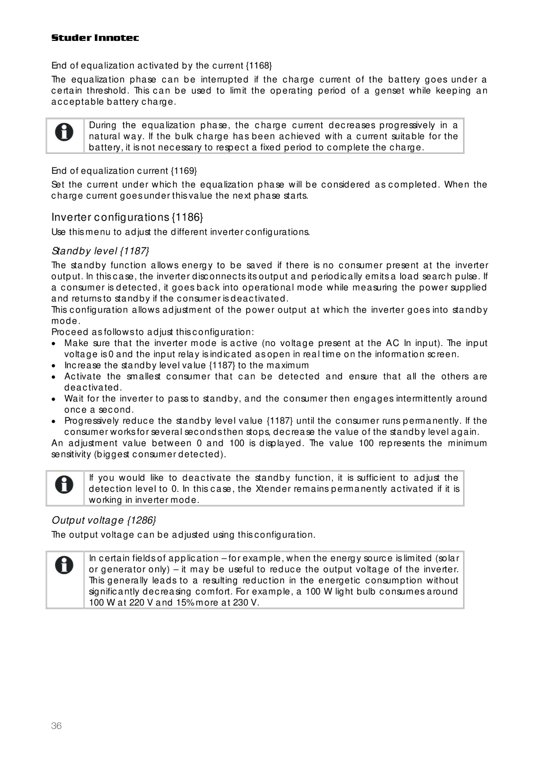 Studer Innotec RCC-03 Inverter configurations, Standby level, Output voltage, End of equalization activated by the current 