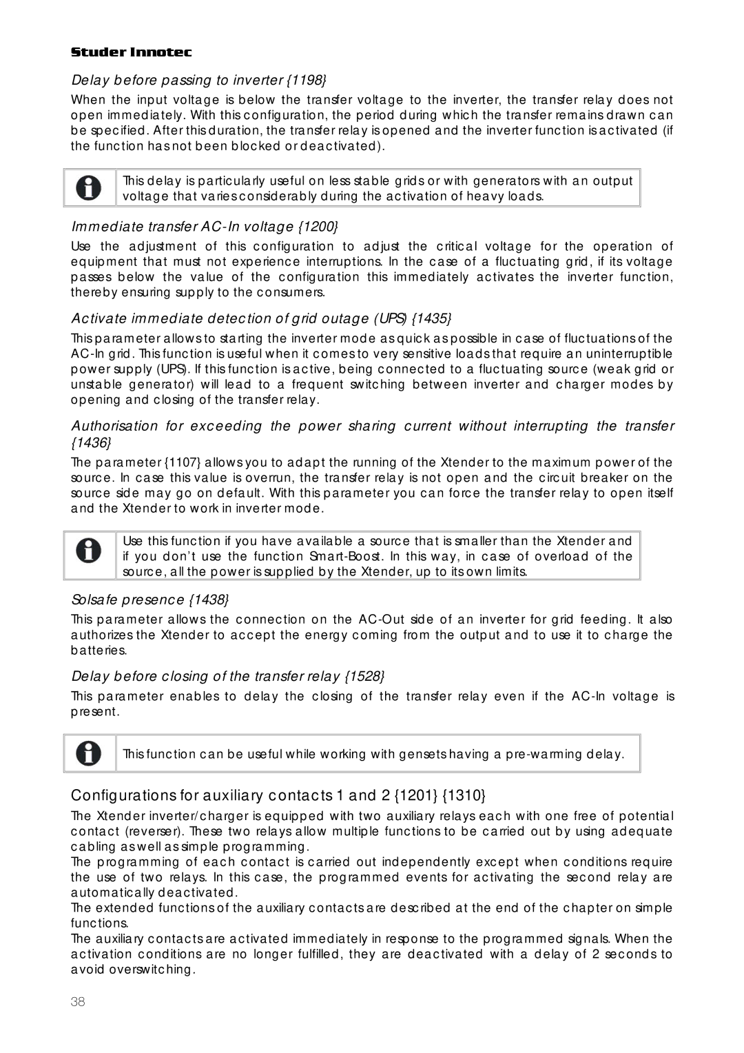 Studer Innotec RCC-03, RCC-02 user manual Configurations for auxiliary contacts 1 and 2 1201 