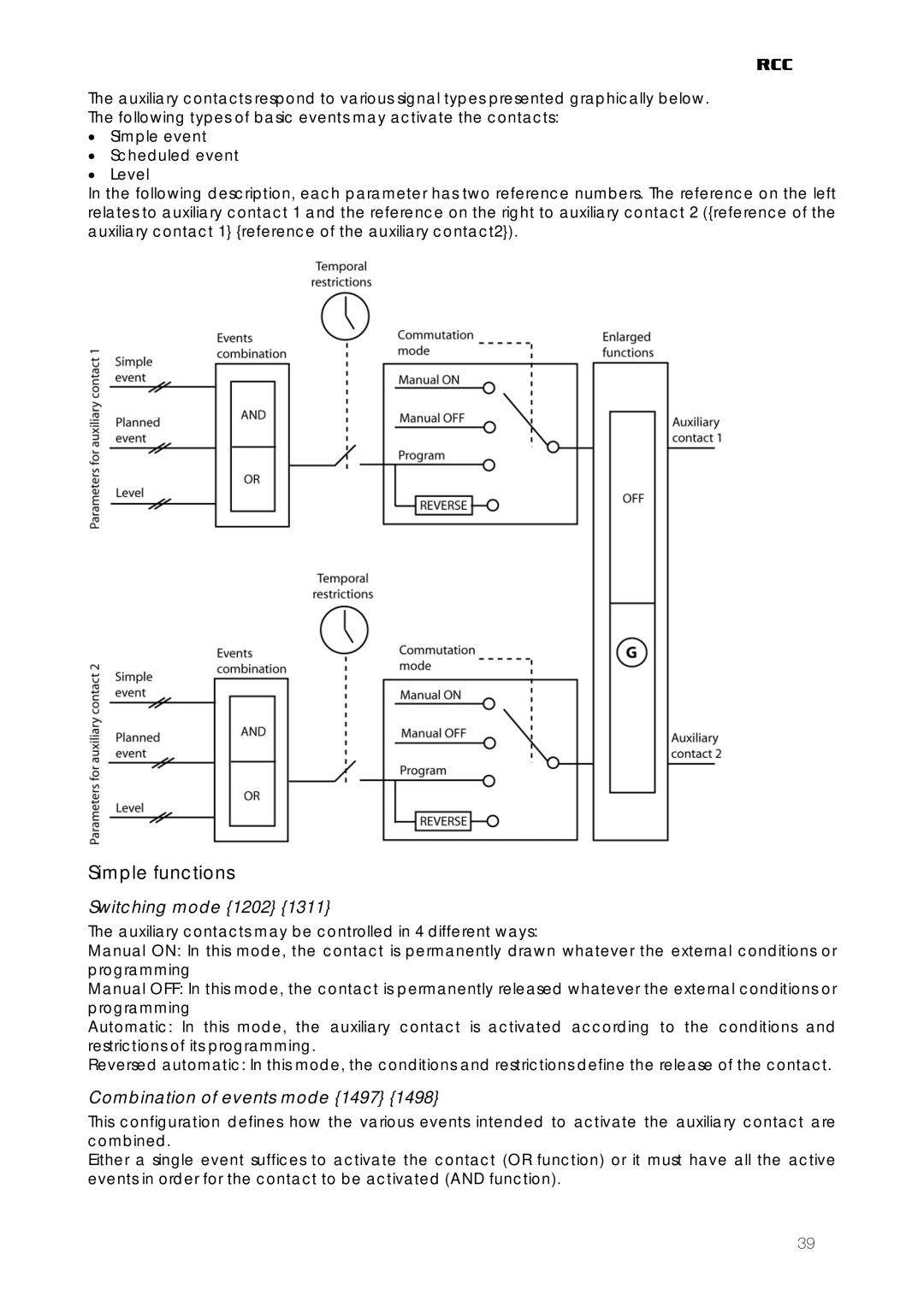 Studer Innotec RCC-02, RCC-03 user manual Simple functions, Switching mode 1202, Combination of events mode 1497 