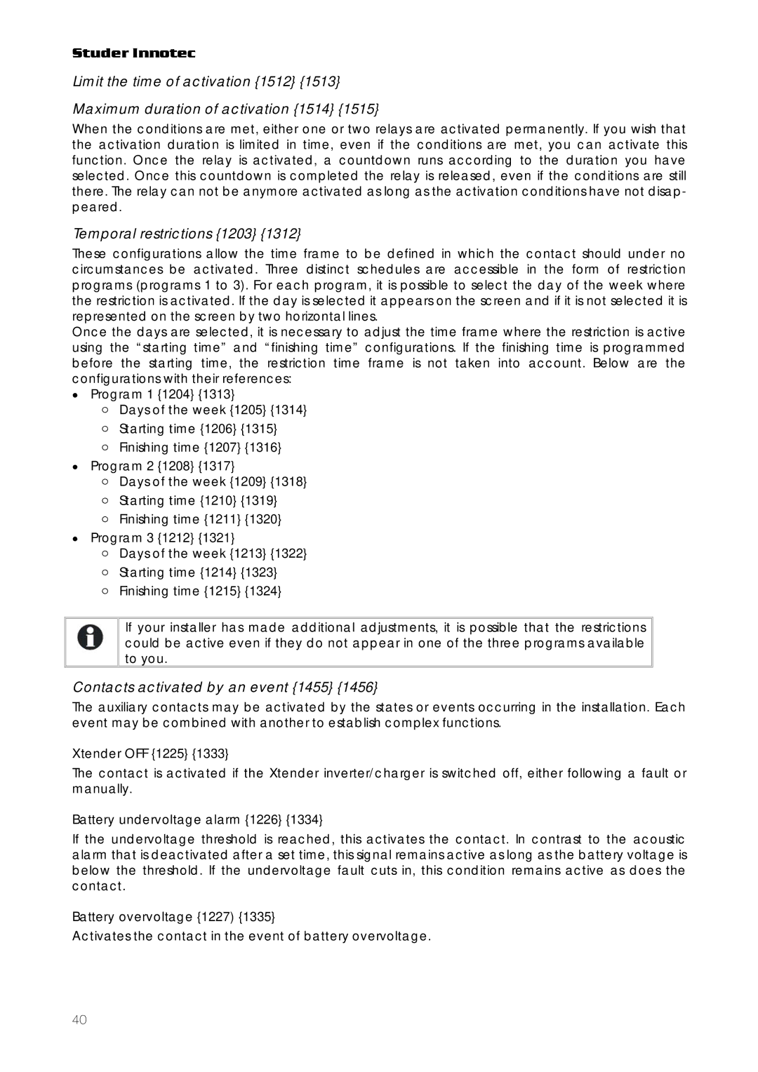 Studer Innotec RCC-03, RCC-02 user manual Temporal restrictions 1203, Contacts activated by an event 1455, Xtender OFF 1225 