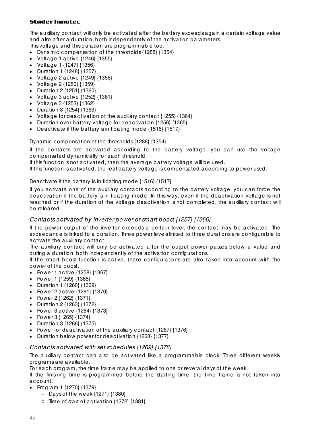 Studer Innotec RCC-03 Contacts activated by inverter power or smart boost 1257, Contacts activated with set schedules 1269 