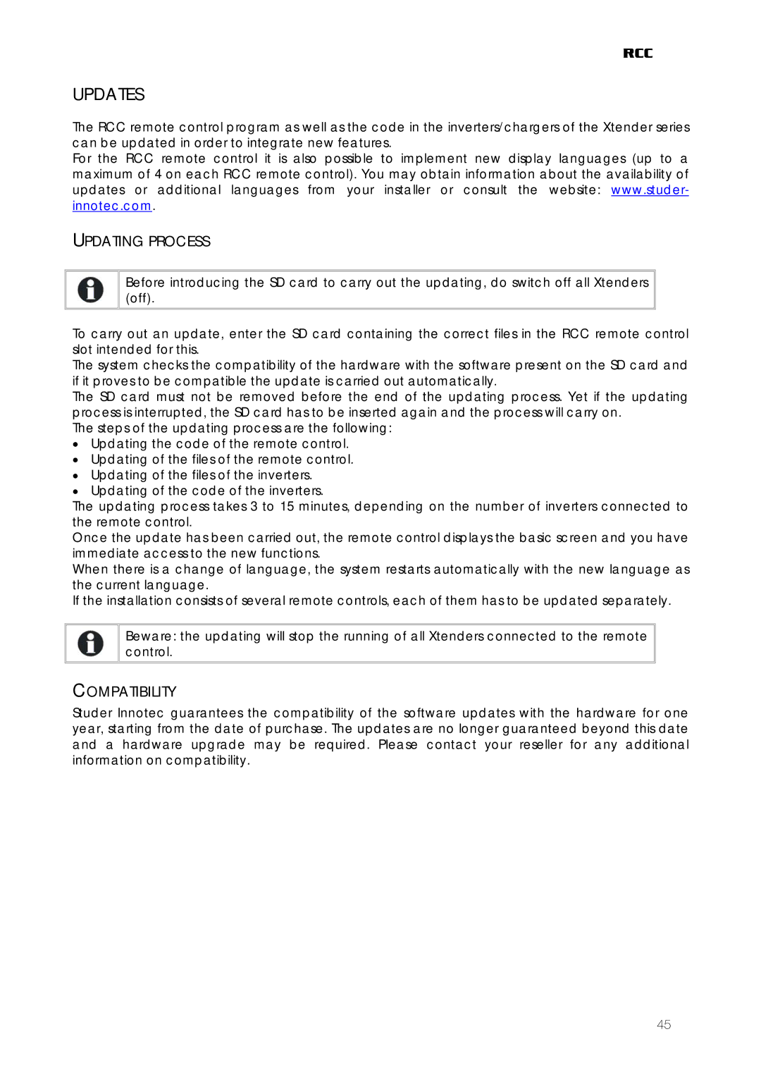 Studer Innotec RCC-02, RCC-03 user manual Updates, Updating Process, Compatibility 