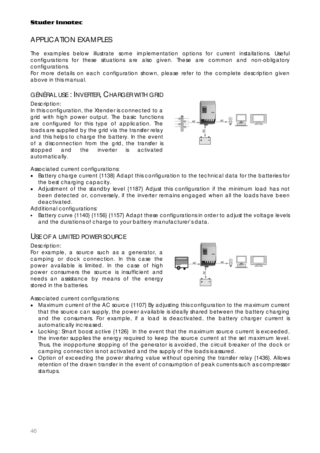 Studer Innotec RCC-03, RCC-02 Application Examples, Général USE INVERTER, Charger with Grid, USE of a Limited Power Source 