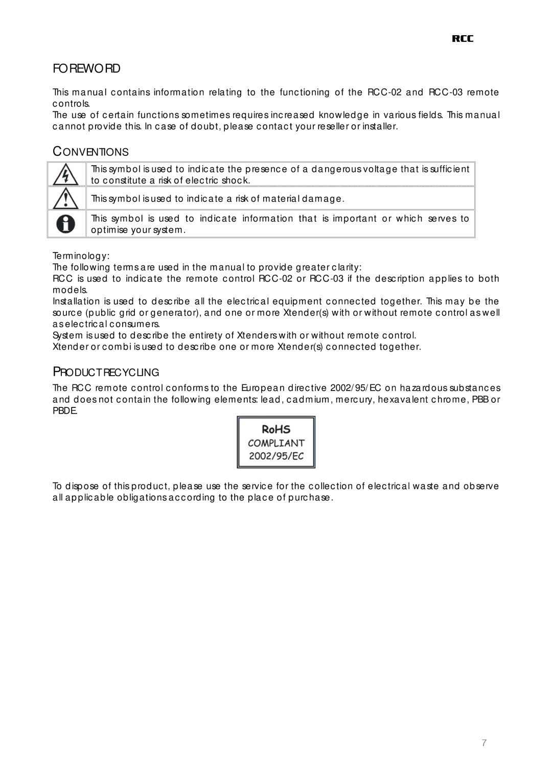 Studer Innotec RCC-02, RCC-03 user manual Foreword, Conventions, Product Recycling 