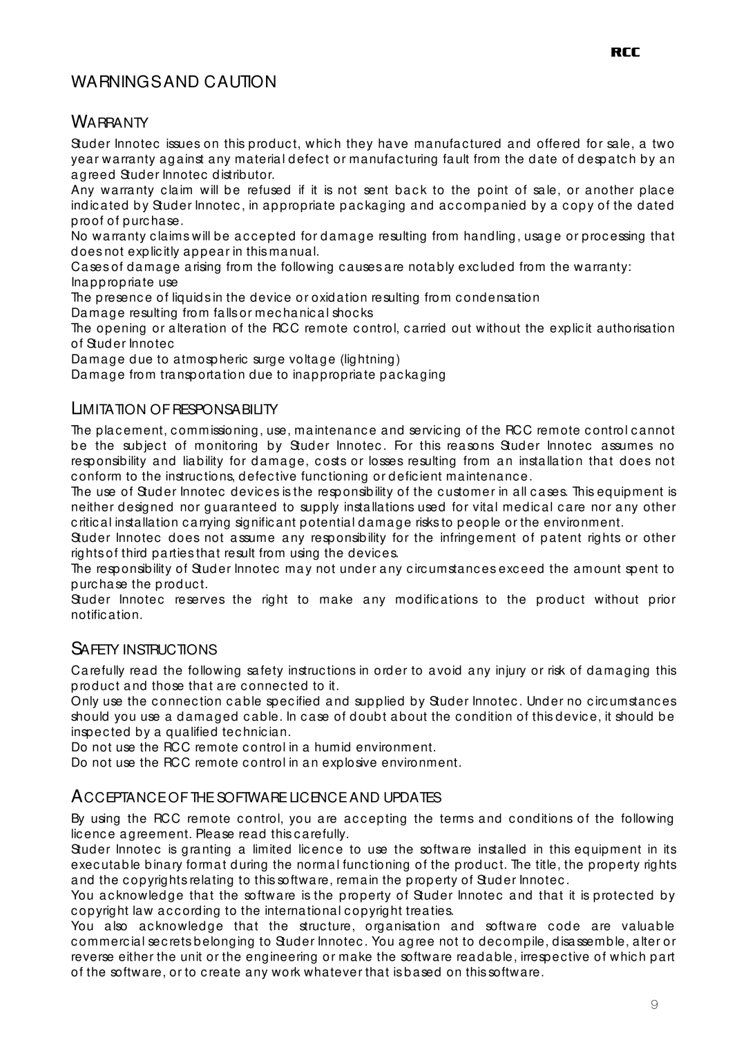 Studer Innotec RCC-02, RCC-03 user manual Warranty, Limitation of Responsability, Safety Instructions 