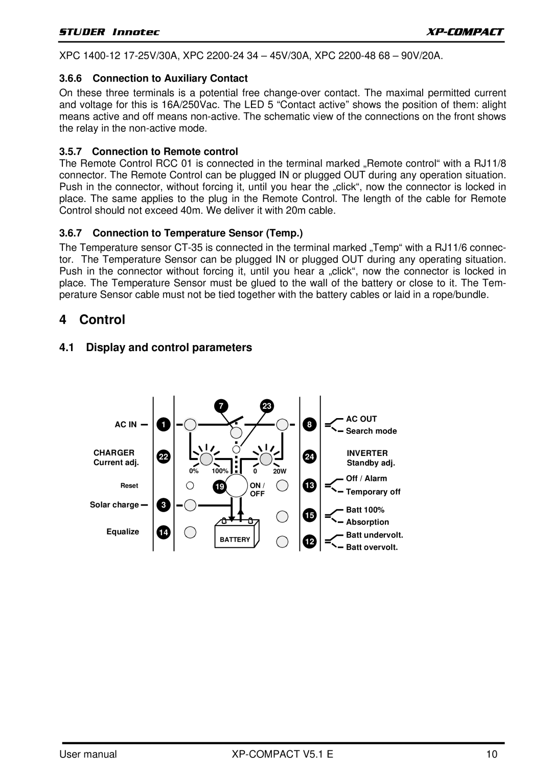 Studer Innotec XPC 2200-48, XPC 1400-12 user manual Control, Display and control parameters, Connection to Auxiliary Contact 