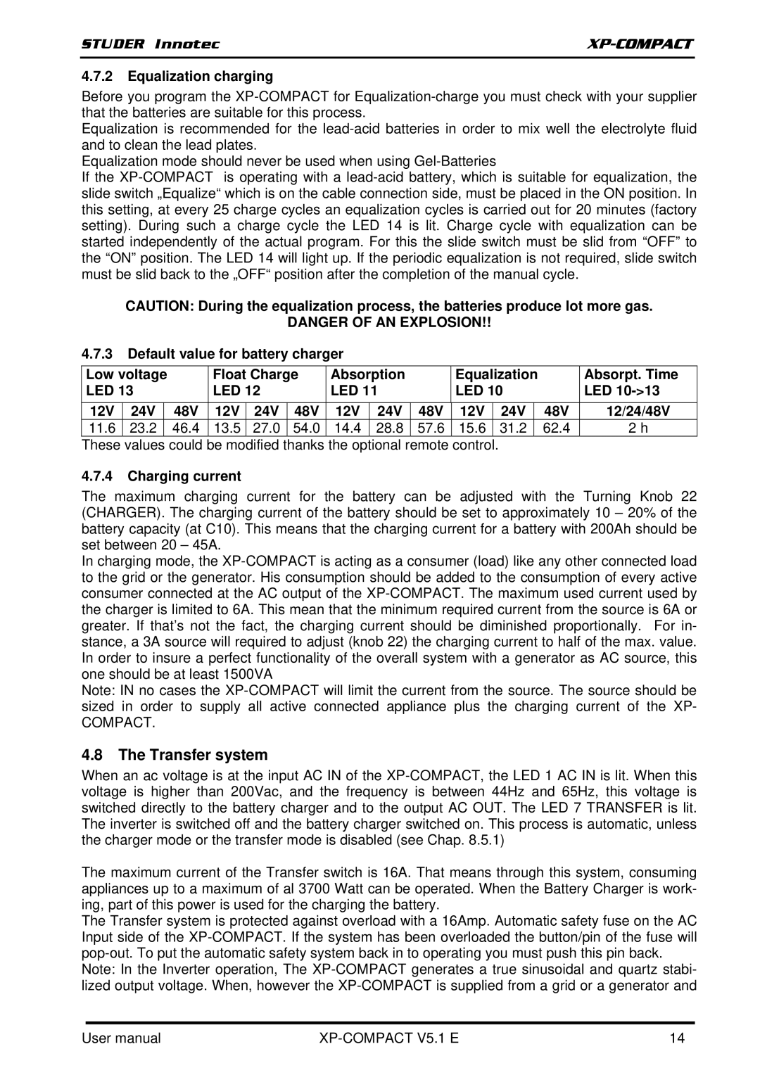 Studer Innotec XPC 1400-12, XPC 2200-24, XPC 2200-48 user manual Transfer system, Equalization charging, Charging current 