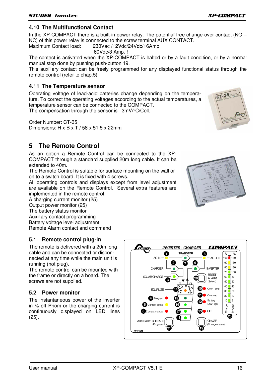 Studer Innotec XPC 2200-48 user manual Remote Control, Multifunctional Contact, Temperature sensor, Remote control plug-in 