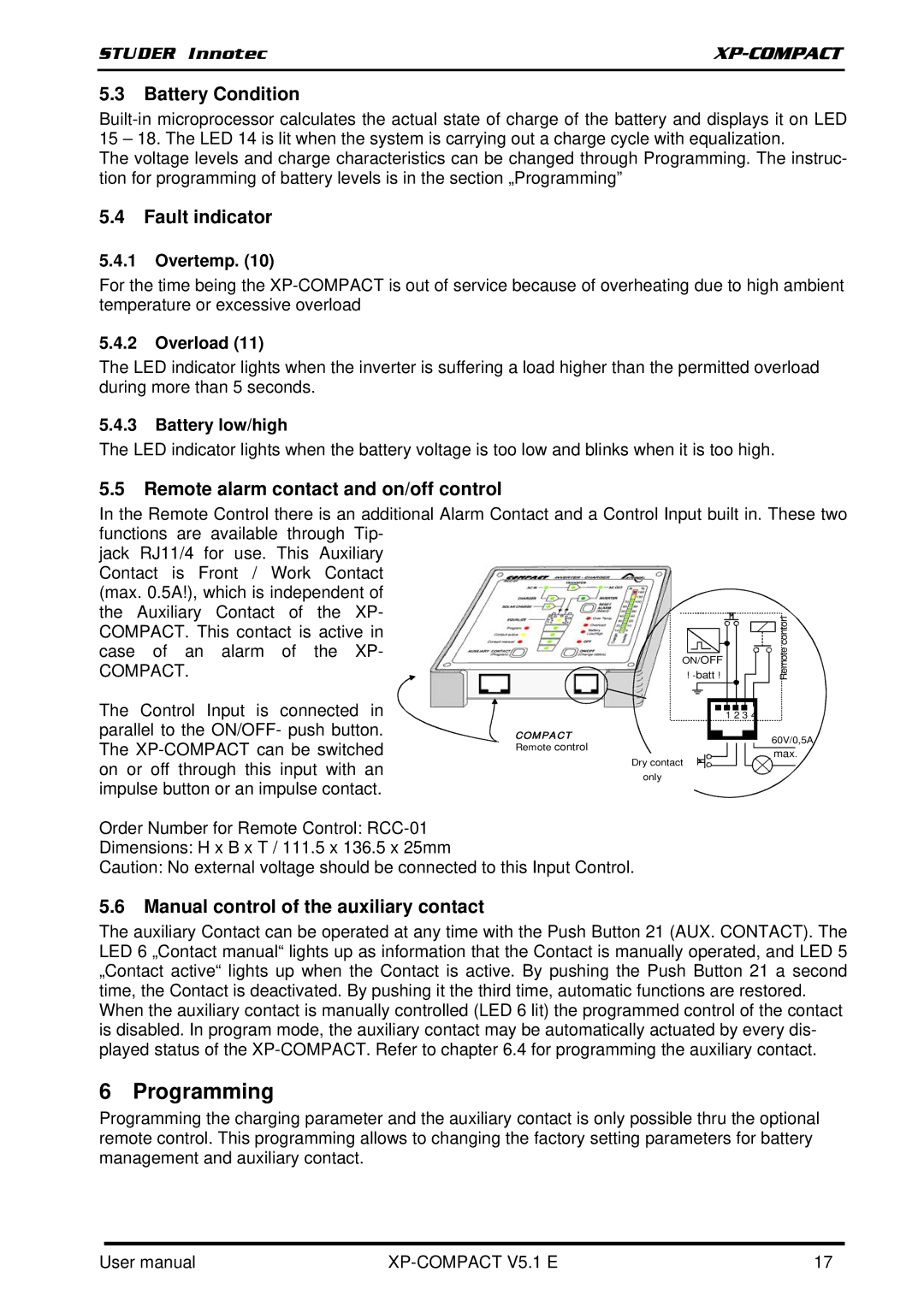 Studer Innotec XPC 1400-12 Programming, Battery Condition, Fault indicator, Remote alarm contact and on/off control 
