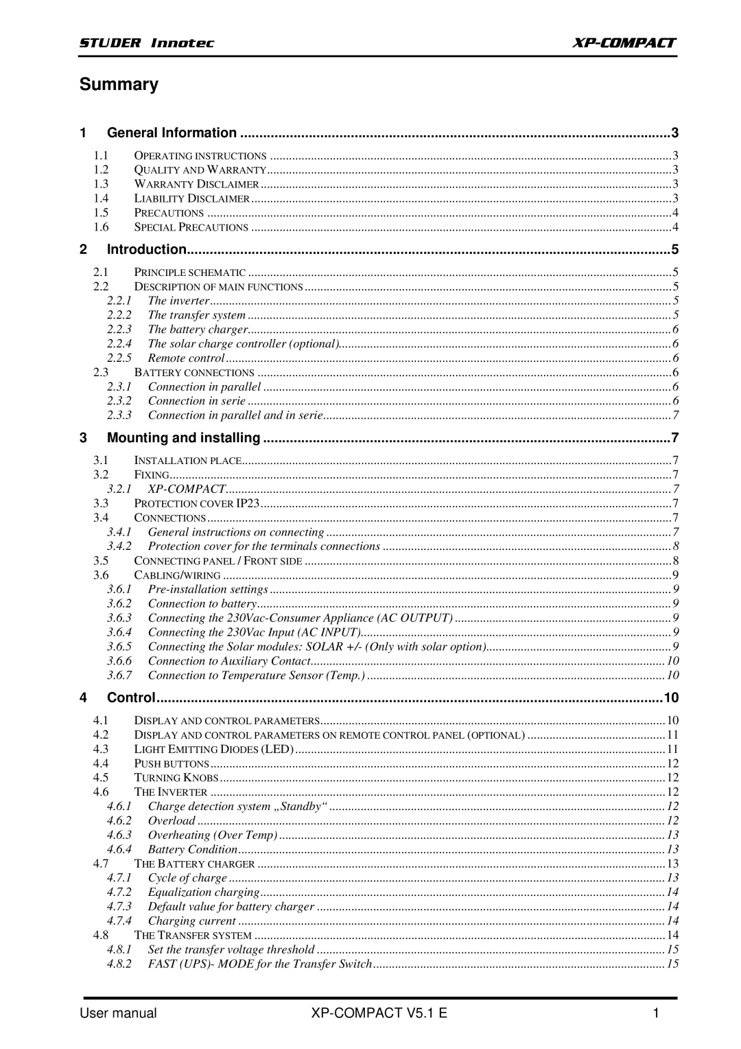 Studer Innotec XPC 2200-48, XPC 1400-12, XPC 2200-24 user manual Summary, Control 