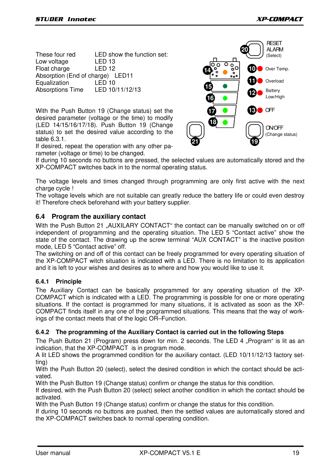 Studer Innotec XPC 2200-48, XPC 1400-12, XPC 2200-24 user manual Program the auxiliary contact, Principle 