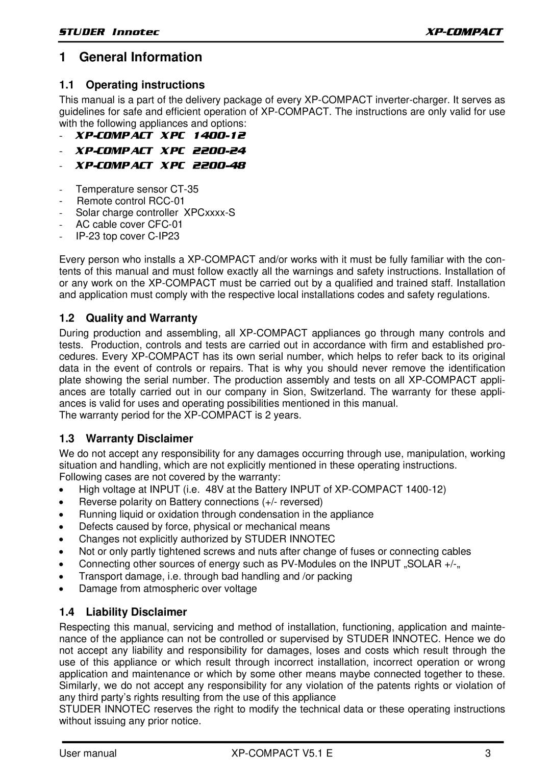 Studer Innotec XPC 2200-24 General Information, Operating instructions, Quality and Warranty, Warranty Disclaimer 