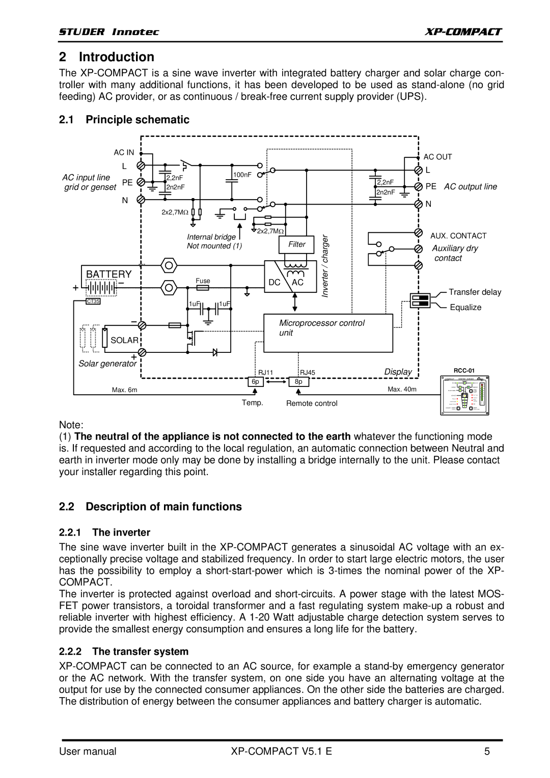 Studer Innotec XPC 1400-12 Introduction, Principle schematic, Description of main functions, Inverter, Transfer system 