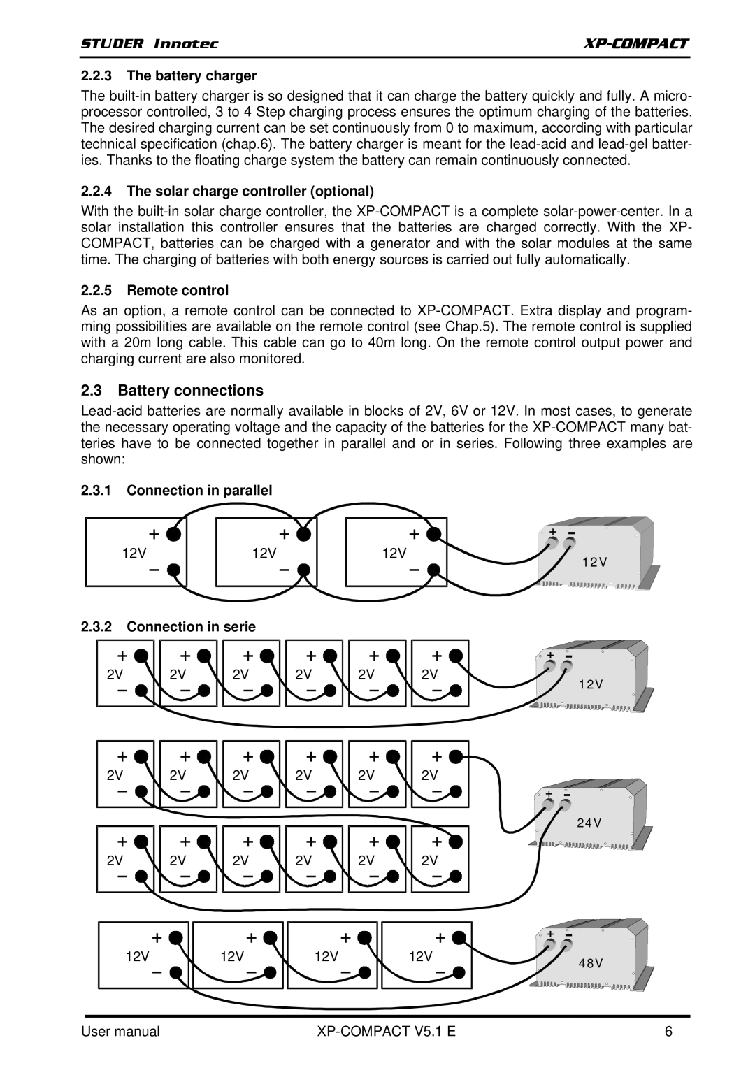 Studer Innotec XPC 2200-24, XPC 1400-12, XPC 2200-48 user manual Battery connections 