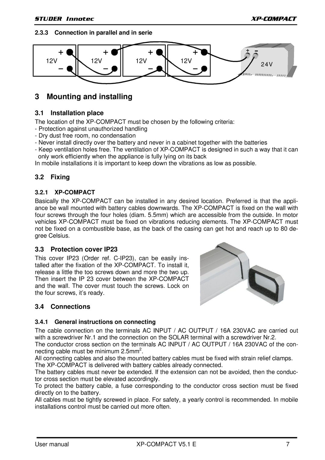 Studer Innotec XPC 2200-48 Mounting and installing, Installation place, Fixing, Protection cover IP23, Connections 