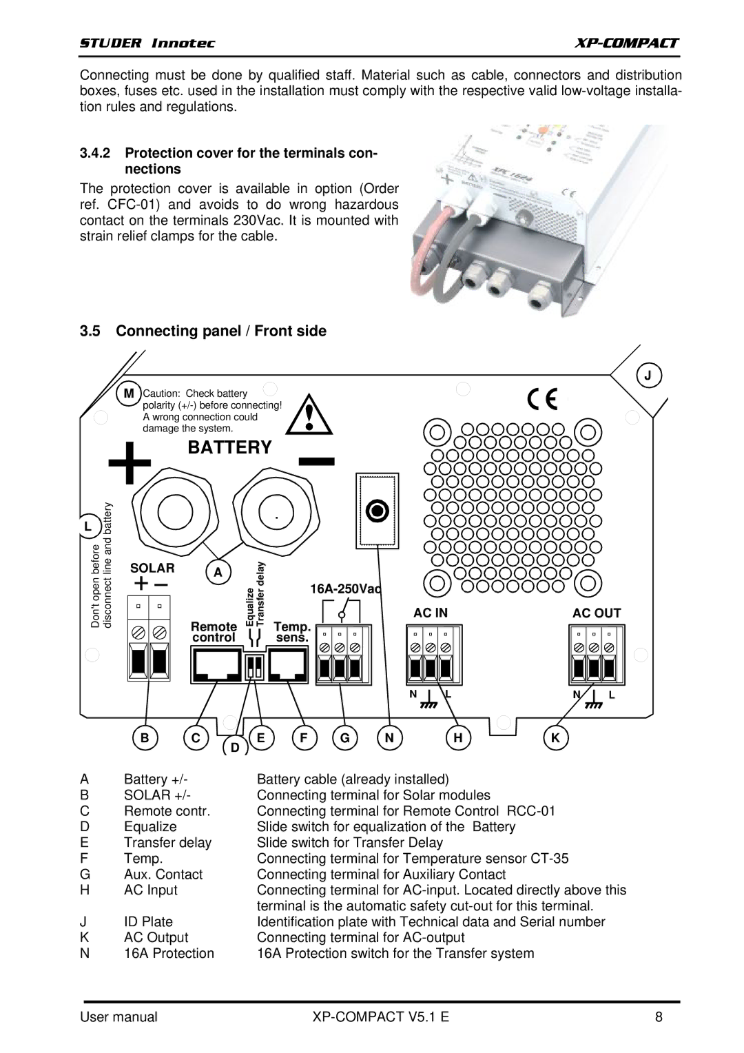 Studer Innotec XPC 1400-12 Connecting panel / Front side, Protection cover for the terminals con- nections, Solar + 