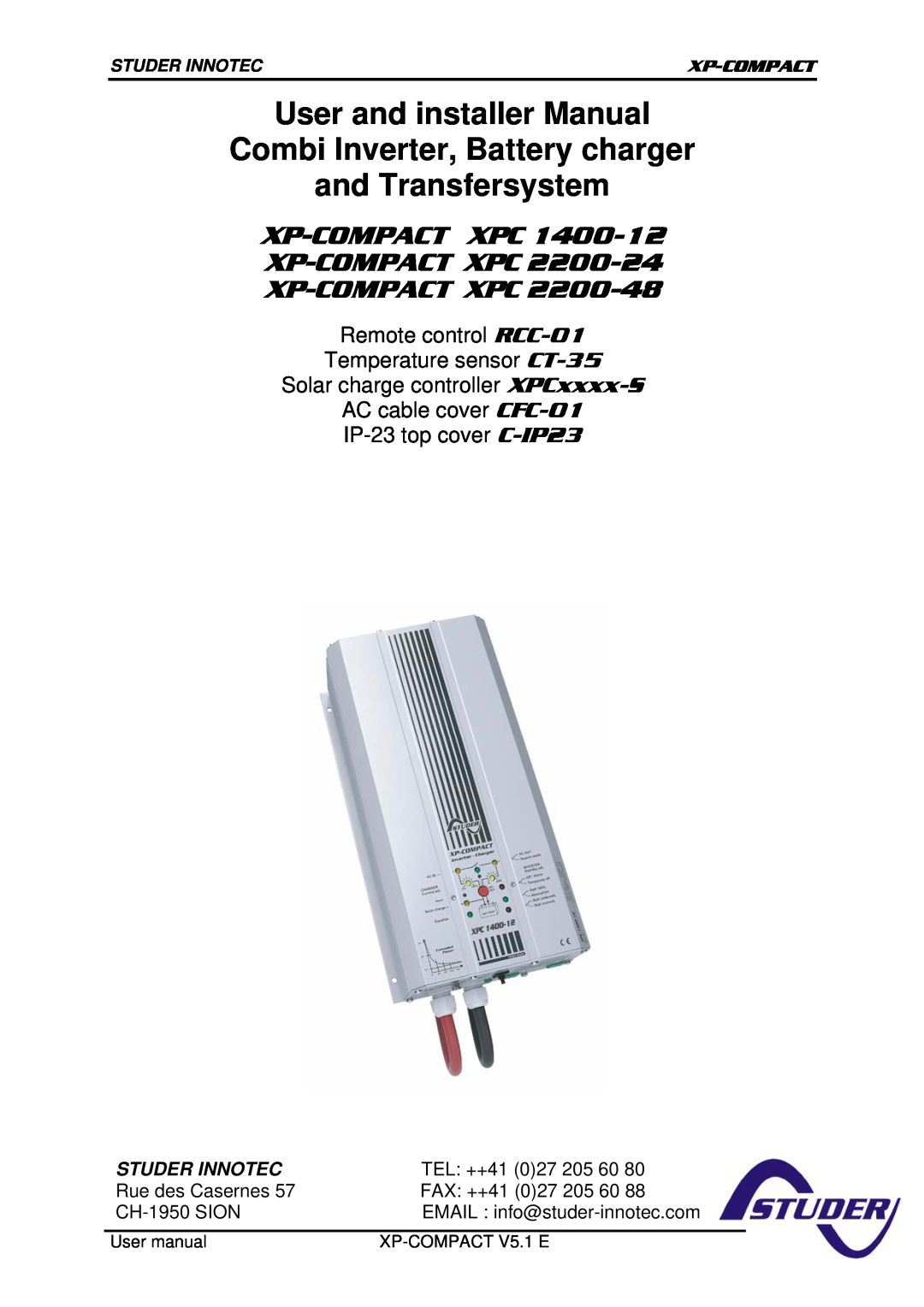 Studer Innotec XPC 2200-24 user manual Studer Innotec, TEL ++41 027 205 60, Rue des Casernes, FAX ++41 027 205 60 