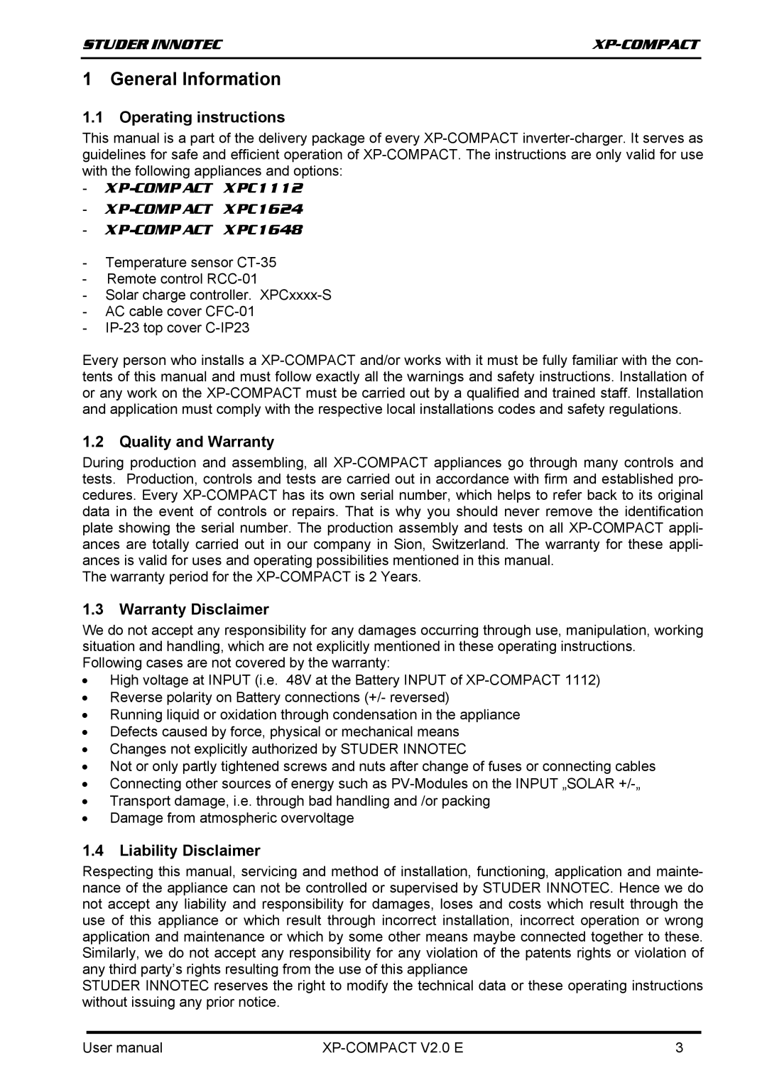 Studer Innotec XPC 1624, XPC 1648 General Information, Operating instructions, Quality and Warranty, Warranty Disclaimer 