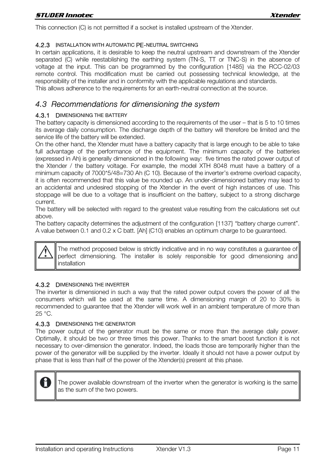 Studer Innotec XTH 5000-24, XTH 6000-48, XTH 8000-48 operating instructions Recommendations for dimensioning the system 