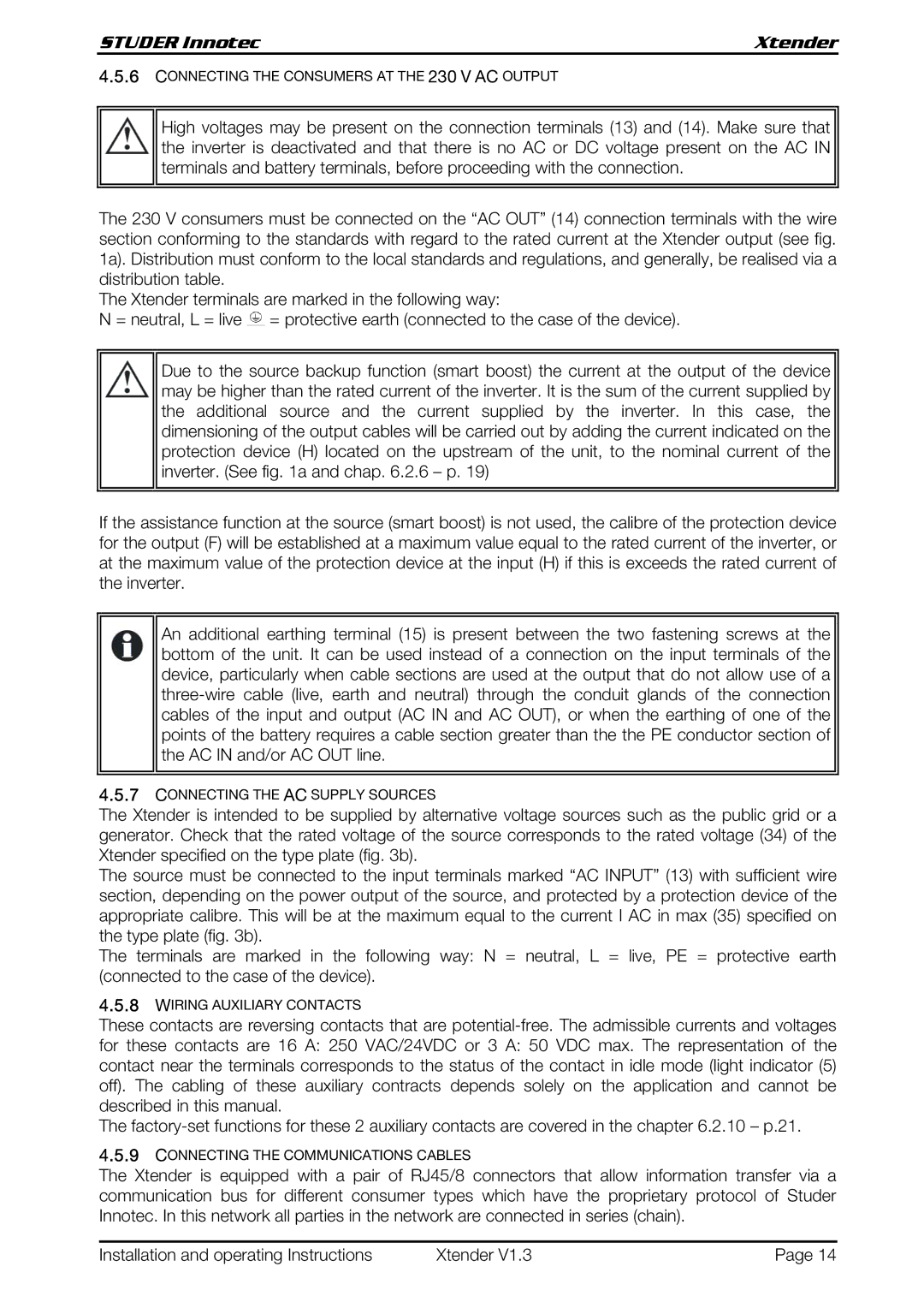 Studer Innotec XTH 5000-24, XTH 6000-48, XTH 8000-48 operating instructions Connecting the Consumers AT the 230 V AC Output 