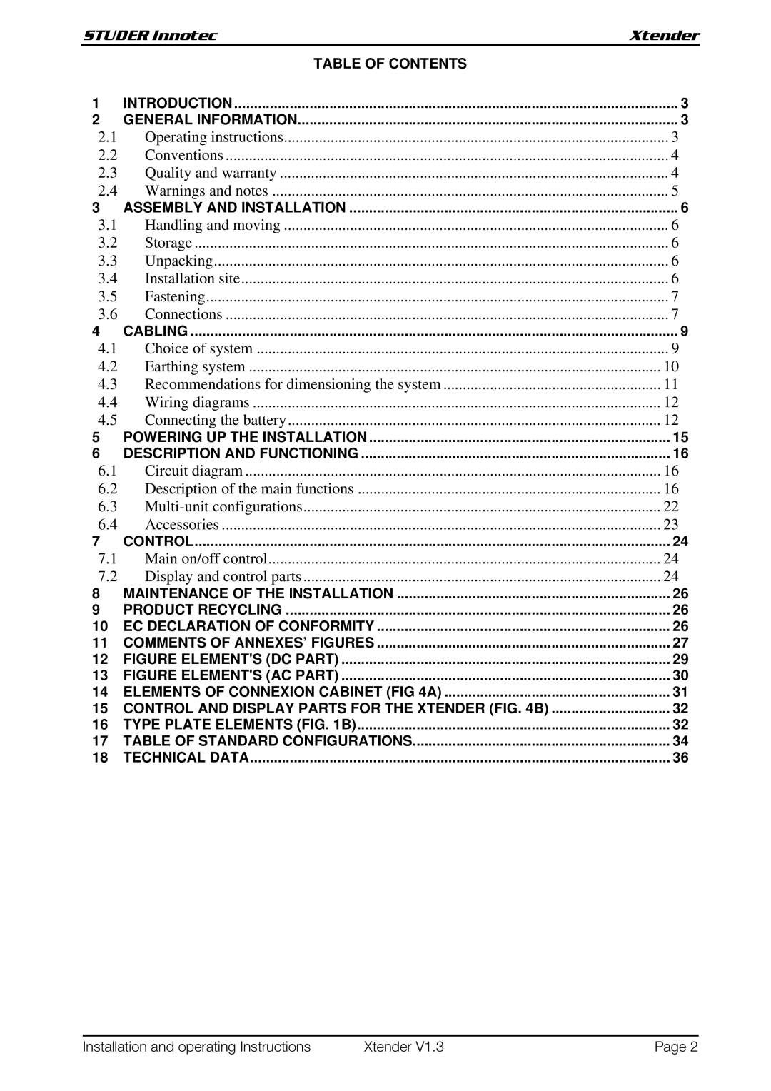 Studer Innotec XTH 5000-24, XTH 6000-48, XTH 8000-48 operating instructions Table of Contents 