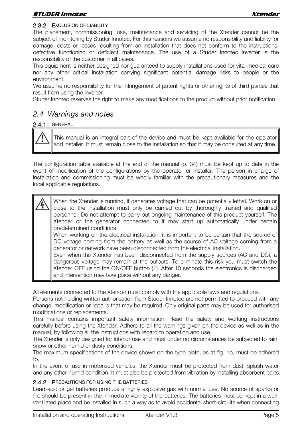 Studer Innotec XTH 5000-24, XTH 6000-48, XTH 8000-48 operating instructions Exclusion of Liability 