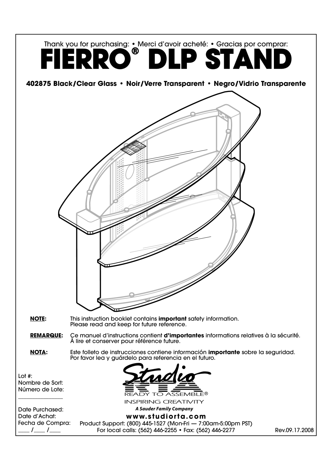 Studio RTA 402875 manual Fierro DLP Stand 