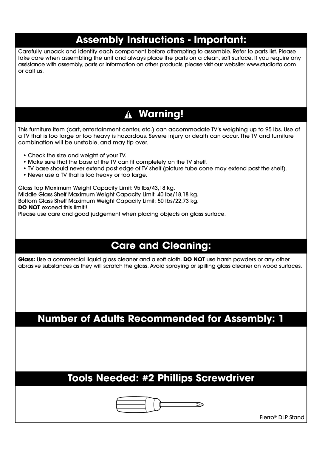 Studio RTA 402875 manual Assembly Instructions Important, Care and Cleaning 