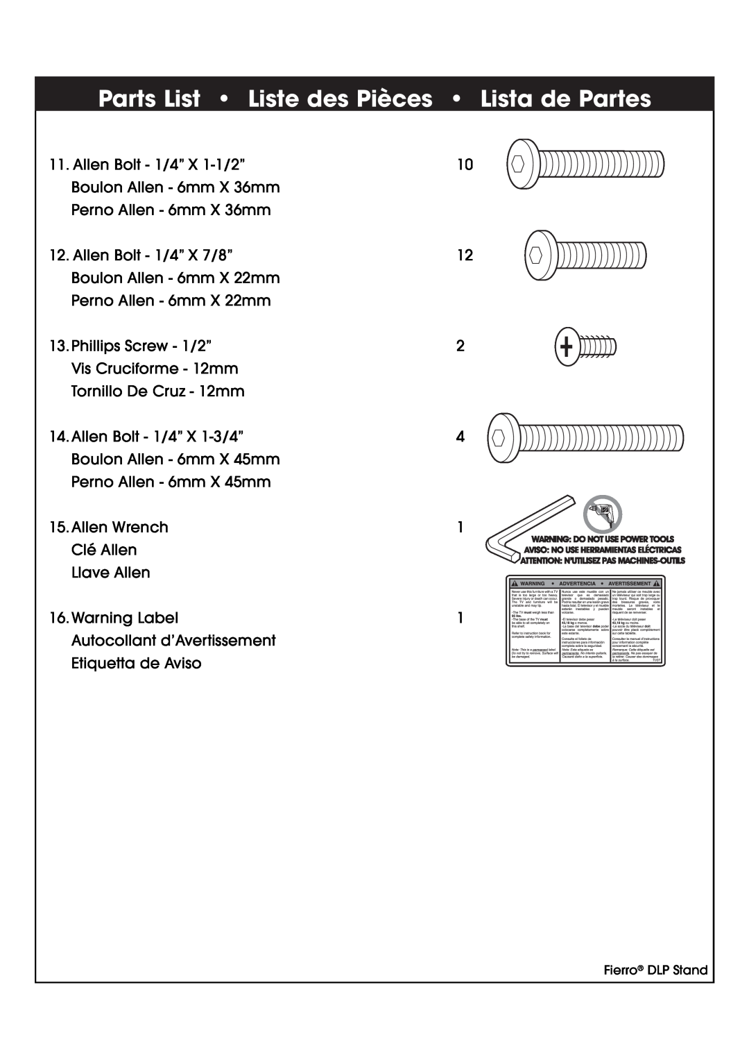 Studio RTA 402875 manual Parts List Liste des Pièces Lista de Partes, Allen Bolt - 1/4” X 1-1/2” 