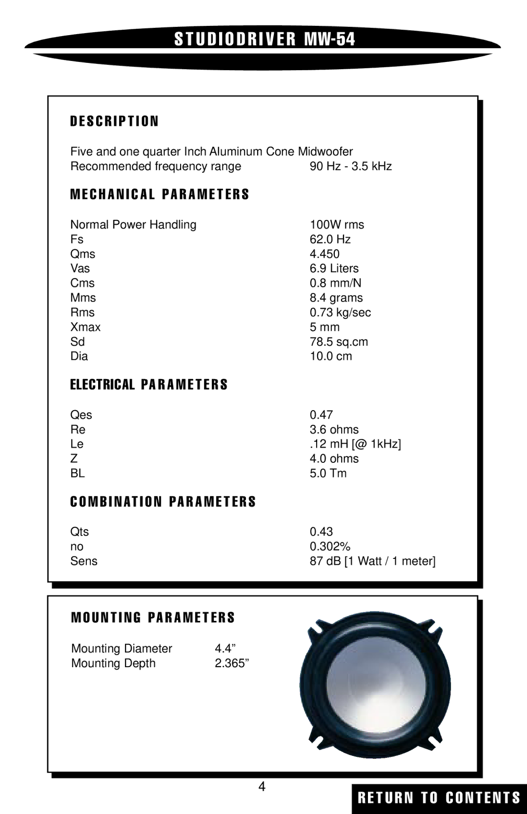 Studio RTA Component Speaker warranty U D I O D R I V E R MW-54, Electrical PA R a M E T E R S 