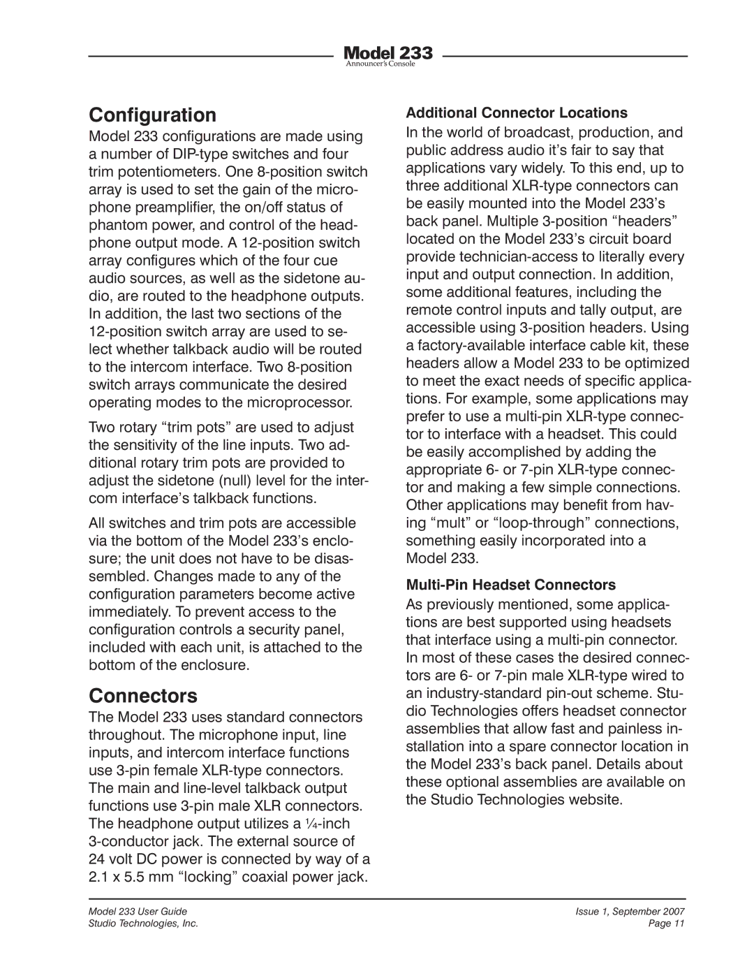 StudioTech 233 manual Configuration, Additional Connector Locations, Multi-Pin Headset Connectors 