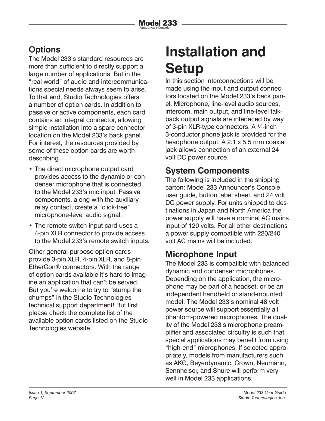 StudioTech 233 manual Installation and Setup, Options, System Components 