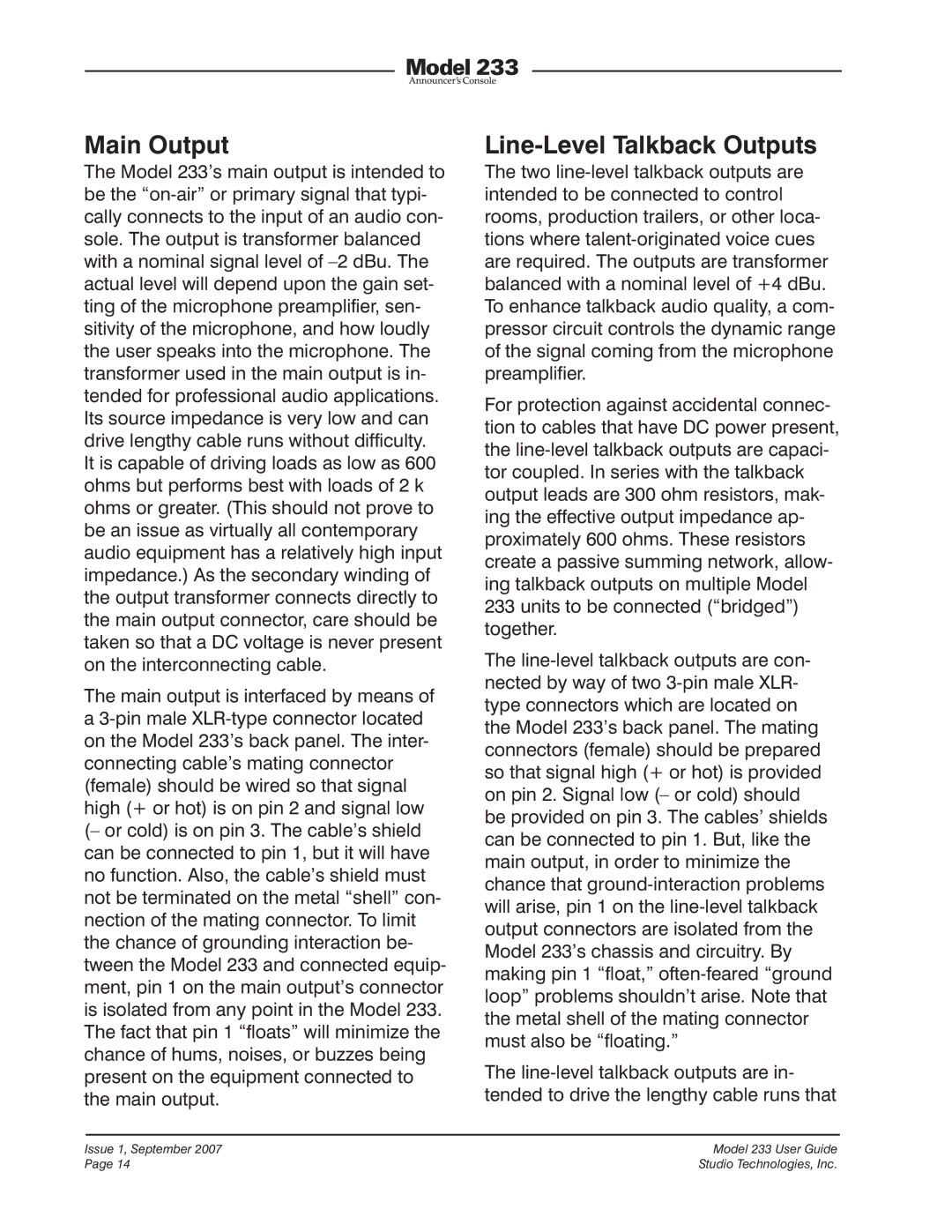 StudioTech 233 manual Main Output, Line-Level Talkback Outputs 