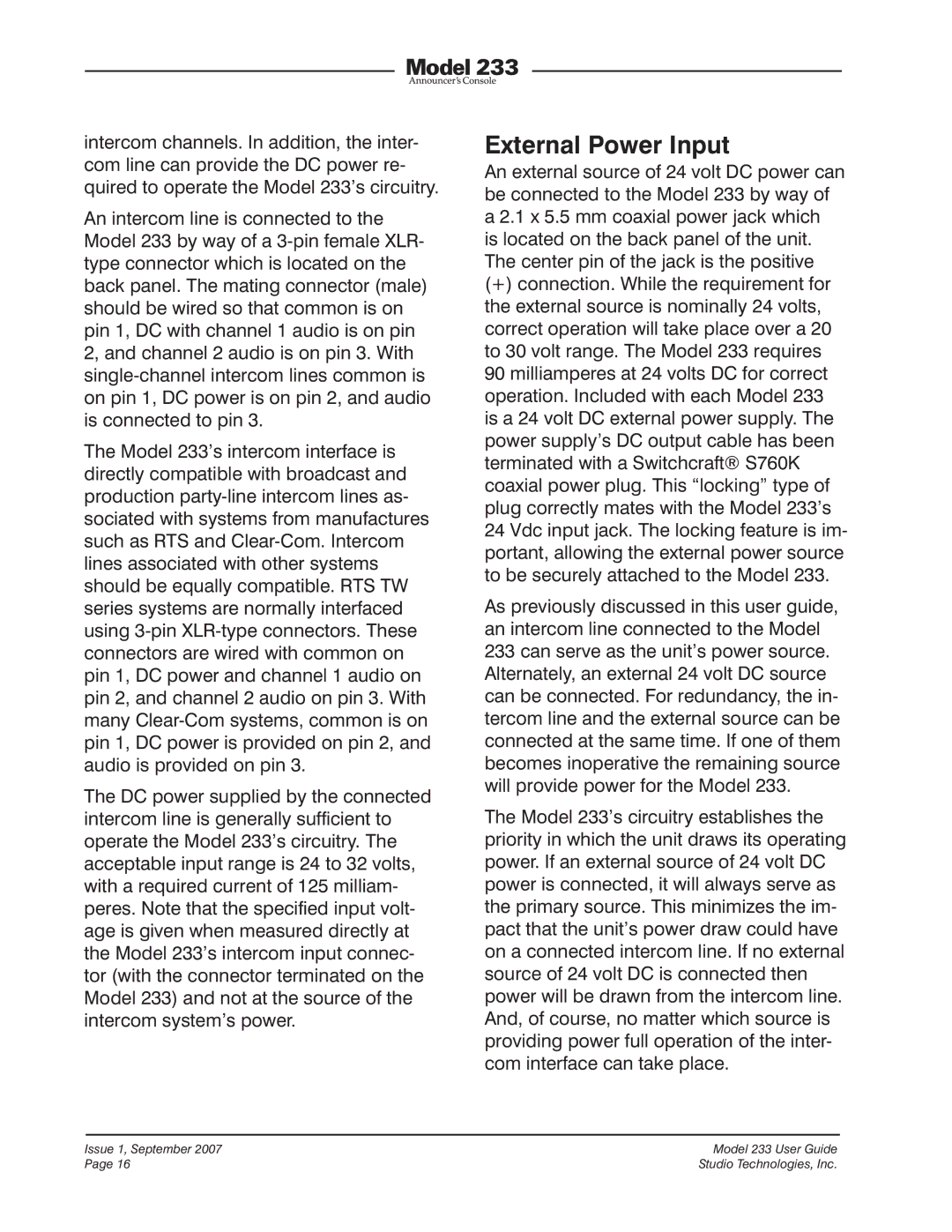 StudioTech 233 manual External Power Input 
